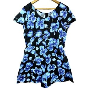 Vintage Basic Editions Romper Women Large Blue Black Floral Hawaiian Resort Wear